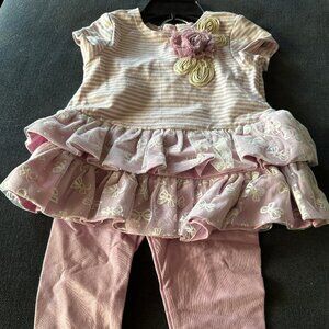 Pippa & Julie  Lavender Lace/Floral/Stripe Dress/Leggings   Size 12 months   New